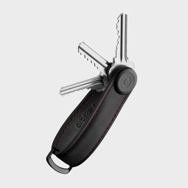 Orbitkey - Crazy-Horse Leder-Schlüsselanhänger - Farbe Obsidianschwarz mit roten Nähten Orbitkey - Crazy-Horse Leder-Schlüsselanhänger - Farbe Obsidianschwarz mit roten Nähten