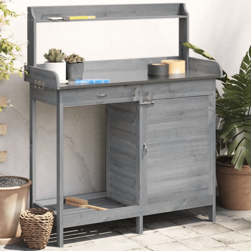 vidaXL Pflanztisch mit Schrank Grau 110,5x45x124,5 cm Massivholz Tanne vidaXL Pflanztisch mit Schrank Grau 110,5x45x124,5 cm Massivholz Tanne