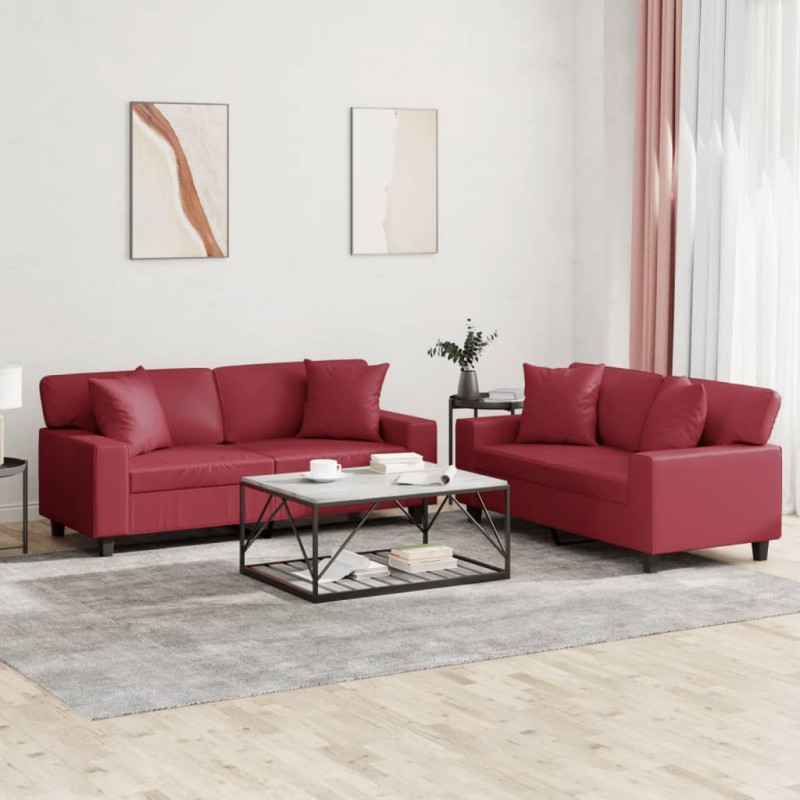 vidaXL 2-tlg. Sofagarnitur mit Kissen Weinrot Kunstleder vidaXL 2-tlg. Sofagarnitur mit Kissen Weinrot Kunstleder