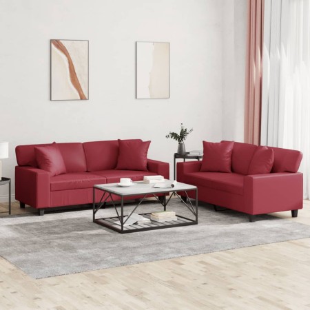 vidaXL 2-tlg. Sofagarnitur mit Kissen Weinrot Kunstleder