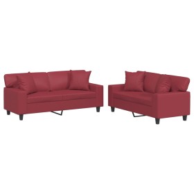 vidaXL 2-tlg. Sofagarnitur mit Kissen Weinrot Kunstleder
