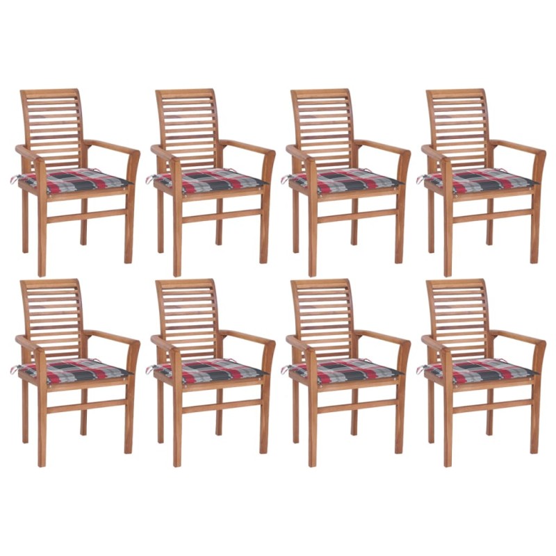 vidaXL Essstühle 8 Stk. Rote Karomuster-Kissen Massivholz Teak vidaXL Essstühle 8 Stk. Rote Karomuster-Kissen Massivholz Teak