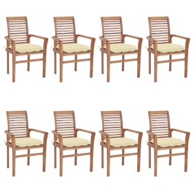 vidaXL Essstühle 8 Stk. mit Cremeweißen Kissen Massivholz Teak