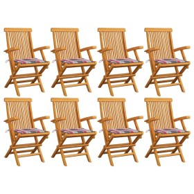 vidaXL Gartenstühle Rote Karomuster-Kissen 8 Stk. Massivholz Teak