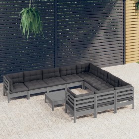 vidaXL 11-tlg. Garten-Lounge-Set mit Kissen Grau Kiefernholz