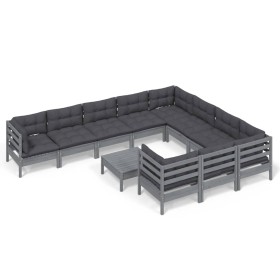 vidaXL 11-tlg. Garten-Lounge-Set mit Kissen Grau Kiefernholz