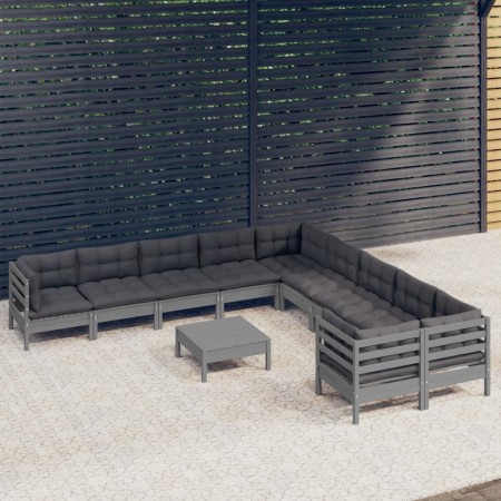 vidaXL 11-tlg. Garten-Lounge-Set mit Kissen Grau Kiefernholz