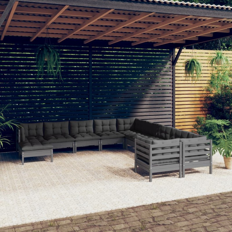 vidaXL 11-tlg. Garten-Lounge-Set mit Kissen Grau Kiefernholz vidaXL 11-tlg. Garten-Lounge-Set mit Kissen Grau Kiefernholz