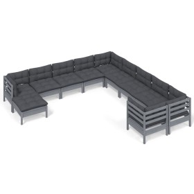 vidaXL 11-tlg. Garten-Lounge-Set mit Kissen Grau Kiefernholz
