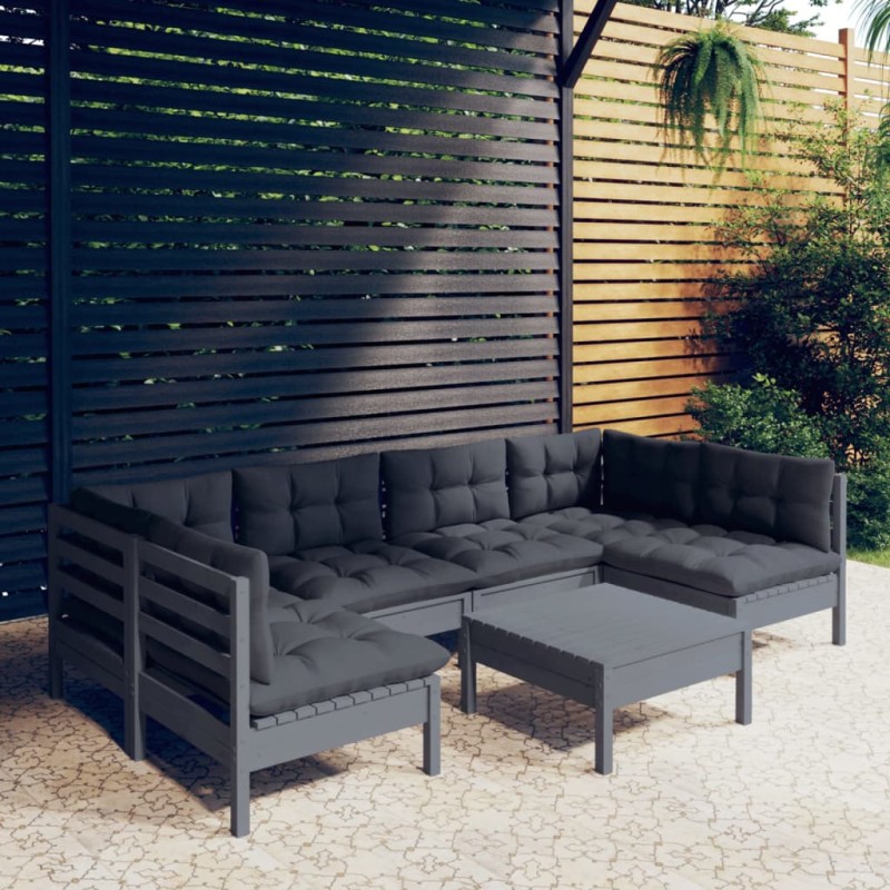 vidaXL 7-tlg. Garten-Lounge-Set mit Kissen Grau Kiefer Massivholz vidaXL 7-tlg. Garten-Lounge-Set mit Kissen Grau Kiefer Massivholz