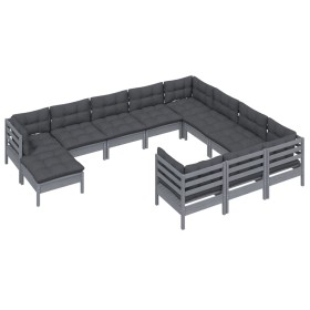 vidaXL 11-tlg. Garten-Lounge-Set mit Kissen Grau Kiefernholz