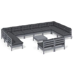 vidaXL 13-tlg. Garten-Lounge-Set mit Kissen Grau Kiefer Massivholz