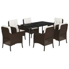 vidaXL 7-tlg. Garten-Essgruppe mit Kissen Braun Poly Rattan