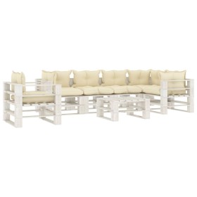 vidaXL 7-tlg. Garten-Lounge-Set Paletten mit Kissen in Creme Holz