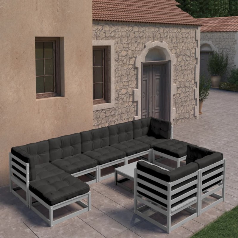 vidaXL 10-tlg. Garten-Lounge-Set mit Kissen Grau Massivholz Kiefer vidaXL 10-tlg. Garten-Lounge-Set mit Kissen Grau Massivholz Kiefer