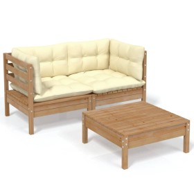 vidaXL 3-tlg. Garten-Lounge-Set mit Creme Kissen Kiefernholz