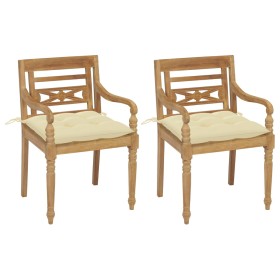 vidaXL Batavia-Stühle 2 Stk. mit Cremeweißen Kissen Teak Massivholz