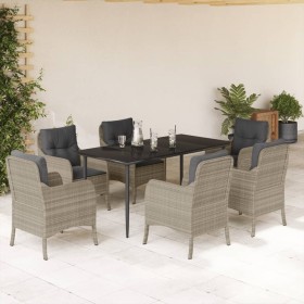 vidaXL 7-tlg. Garten-Essgruppe mit Kissen Hellgrau Poly Rattan