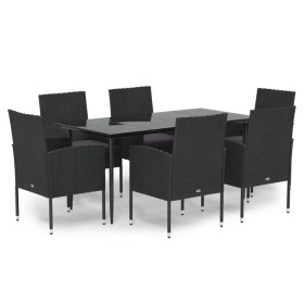vidaXL 7-tlg. Garten-Essgruppe mit Kissen Schwarz Poly Rattan