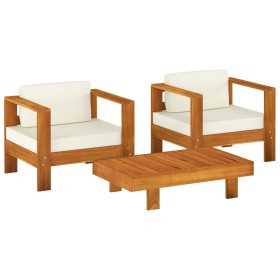 vidaXL 3-tlg. Garten-Lounge-Set mit Cremeweißen Kissen Massivholz