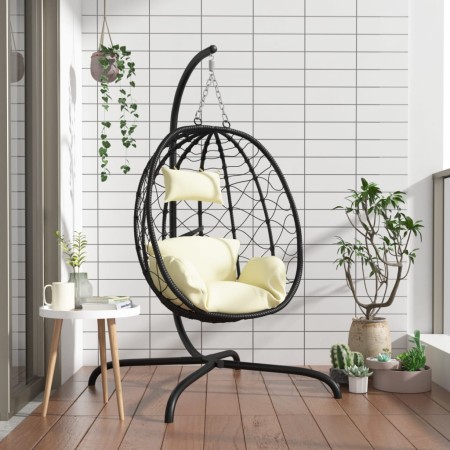 vidaXL Hängesessel Ei mit Kissen Cremeweiß Poly Rattan & Stahl