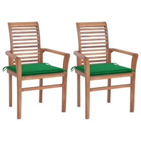 vidaXL Essstühle 2 Stk. mit Grünen Kissen Massivholz Teak