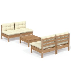 vidaXL 5-tlg. Garten-Lounge-Set mit Creme Kissen Kiefernholz