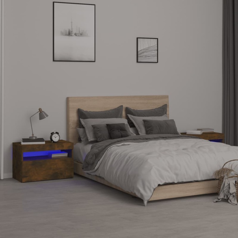 vidaXL Nachttische 2 Stk. mit LED-Leuchten Räuchereiche 60x35x40 cm vidaXL Nachttische 2 Stk. mit LED-Leuchten Räuchereiche 60x35x40 cm