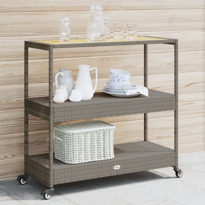 vidaXL Barwagen 3 Böden Grau Poly Rattan und Massivholz Akazie vidaXL Barwagen 3 Böden Grau Poly Rattan und Massivholz Akazie