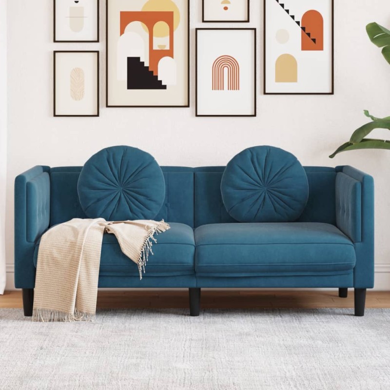 vidaXL Sofa mit Kissen 2-Sitzer Blau Samt vidaXL Sofa mit Kissen 2-Sitzer Blau Samt