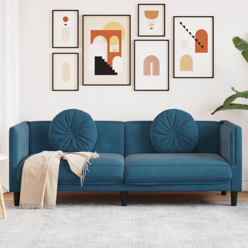 vidaXL Sofa mit Kissen 3-Sitzer Blau Samt vidaXL Sofa mit Kissen 3-Sitzer Blau Samt