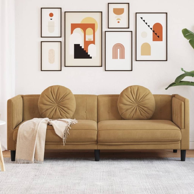 vidaXL Sofa mit Kissen 3-Sitzer Braun Samt vidaXL Sofa mit Kissen 3-Sitzer Braun Samt