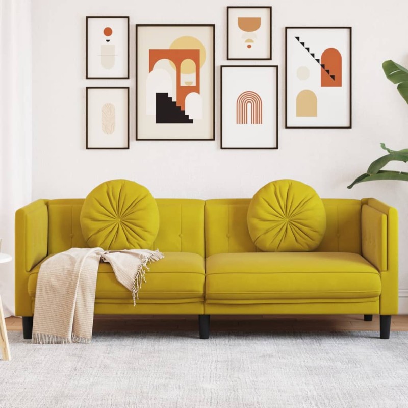 vidaXL Sofa mit Kissen 3-Sitzer Gelb Samt vidaXL Sofa mit Kissen 3-Sitzer Gelb Samt
