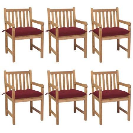 vidaXL Gartenstühle 6 Stk. mit Weinroten Kissen Massivholz Teak