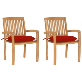 vidaXL Gartenstühle 2 Stk. mit Roten Kissen Massivholz Teak