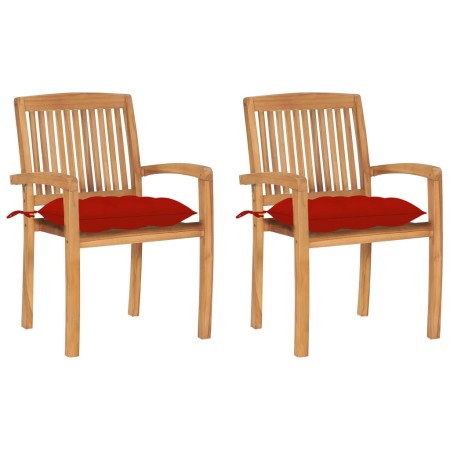 vidaXL Gartenstühle 2 Stk. mit Roten Kissen Massivholz Teak