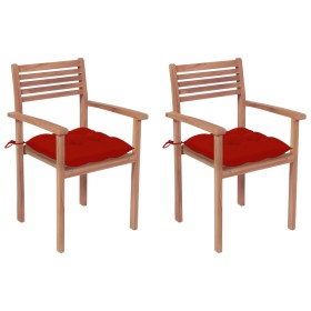 vidaXL Gartenstühle 2 Stk. mit Roten Kissen Massivholz Teak