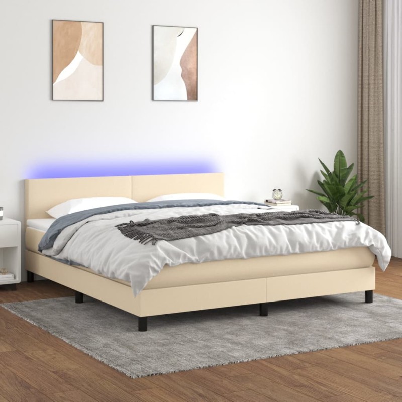 vidaXL Boxspringbett mit Matratze & LED Creme 160x200 cm Stoff vidaXL Boxspringbett mit Matratze & LED Creme 160x200 cm Stoff