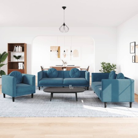 vidaXL 3-tlg. Sofagarnitur mit Kissen Blau Samt