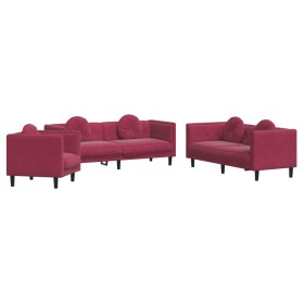vidaXL 3-tlg. Sofagarnitur mit Kissen Weinrot Samt