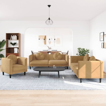 vidaXL 3-tlg. Sofagarnitur mit Kissen Braun Samt