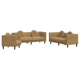 vidaXL 3-tlg. Sofagarnitur mit Kissen Braun Samt
