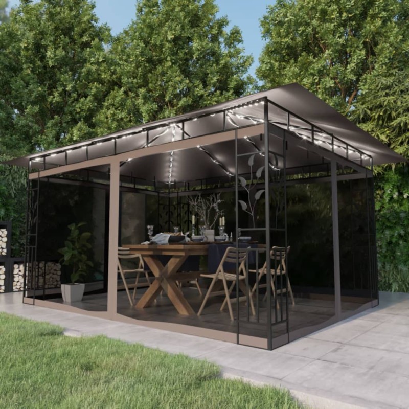 Pavillon mit Moskitonetz & LED-Lichterkette 4x3x2,73 m Taupe Pavillon mit Moskitonetz & LED-Lichterkette 4x3x2,73 m Taupe