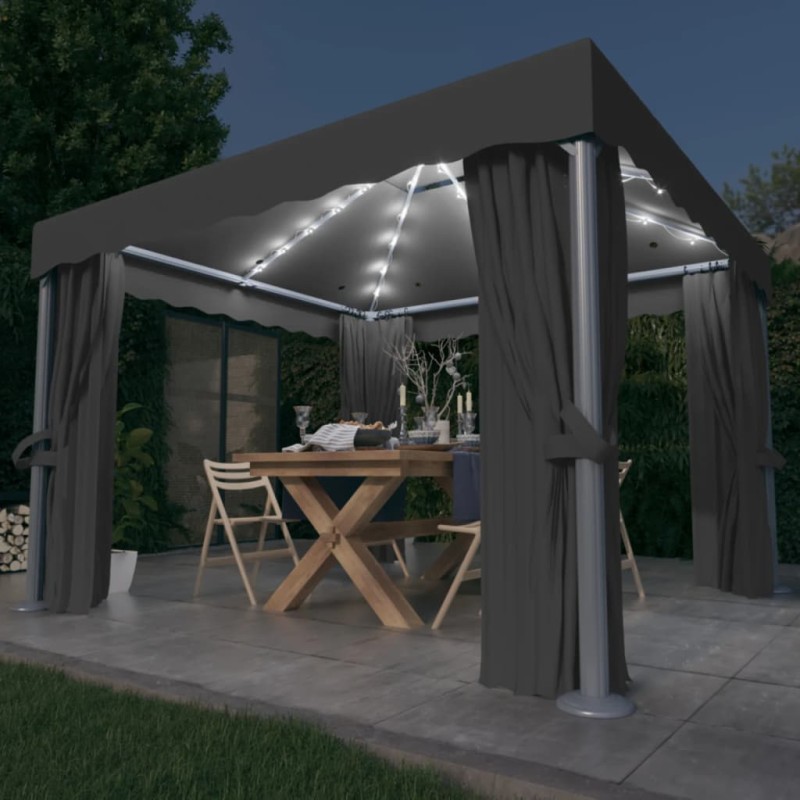 Pavillon mit Vorhängen & LED-Lichterkette 3x3 m Anthrazit Pavillon mit Vorhängen & LED-Lichterkette 3x3 m Anthrazit