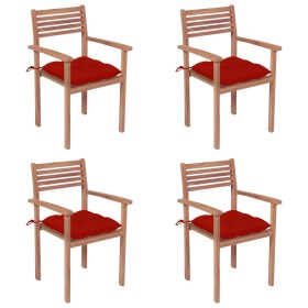 vidaXL Gartenstühle 4 Stk. mit Roten Kissen Massivholz Teak