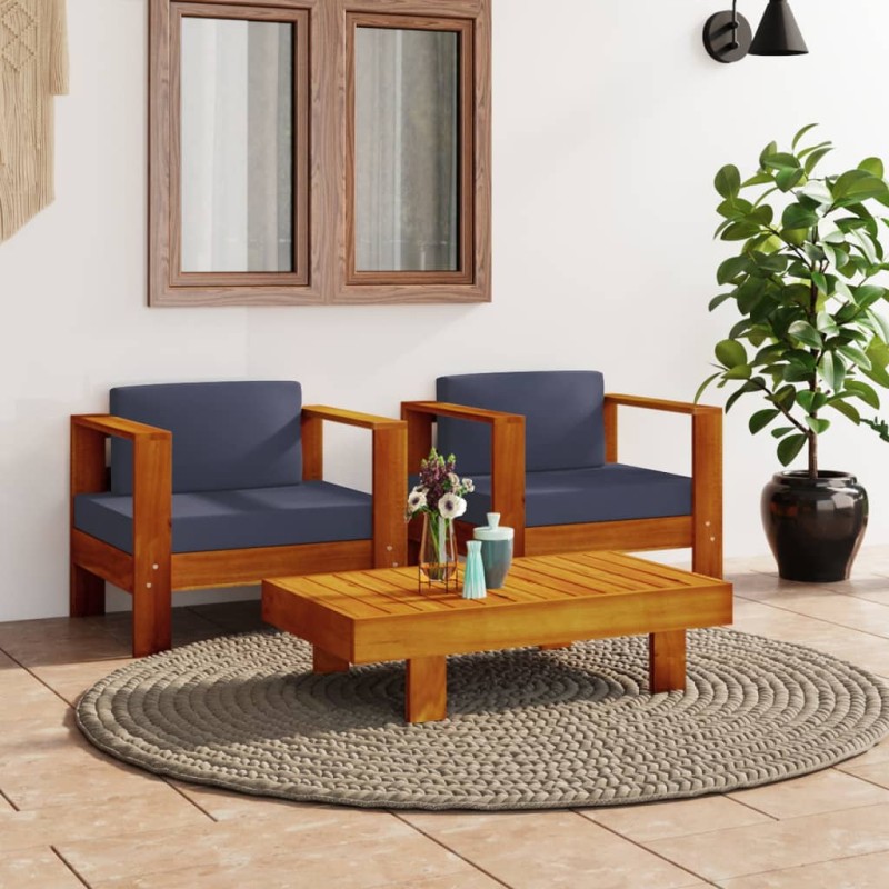 vidaXL 3-tlg. Garten-Lounge-Set mit Dunkelgrauen Kissen Massivholz vidaXL 3-tlg. Garten-Lounge-Set mit Dunkelgrauen Kissen Massivholz