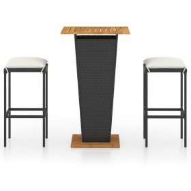 vidaXL 3-tlg. Gartenbar-Set mit Kissen Poly Rattan Schwarz