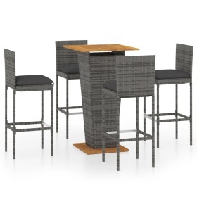 vidaXL 5-tlg. Gartenbar-Set mit Kissen Poly Rattan Grau