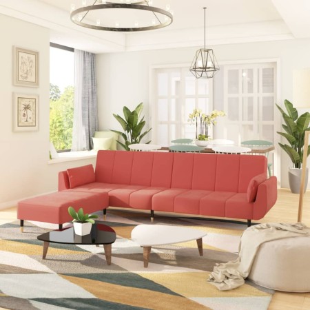 vidaXL Schlafsofa 2-Sitzer mit Hocker & Zwei Kissen Rosa Samt