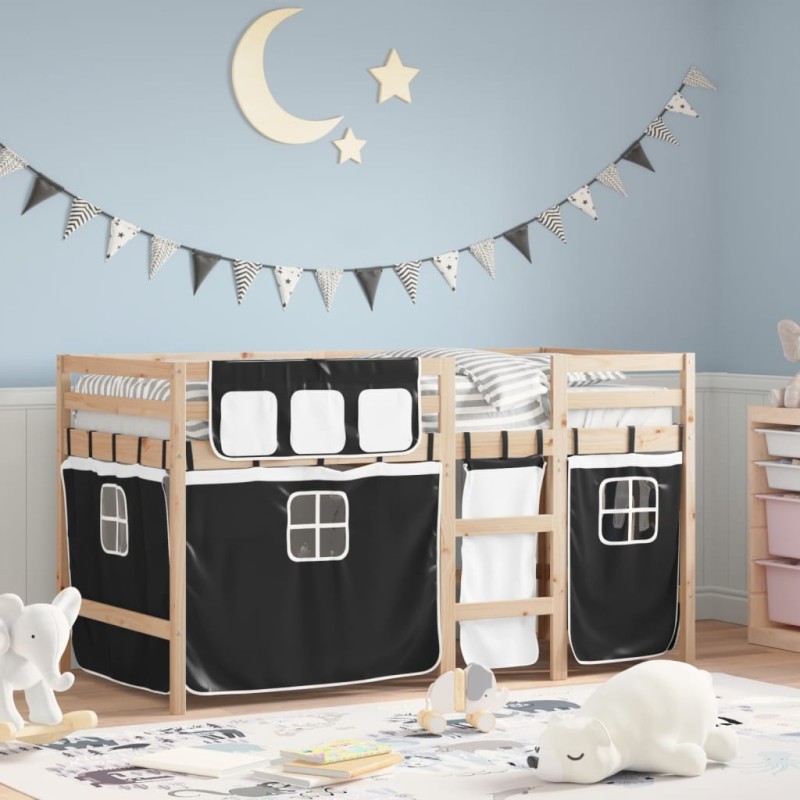 vidaXL Kinderhochbett mit Vorhängen Weiß Schwarz 90x200 cm Kiefernholz vidaXL Kinderhochbett mit Vorhängen Weiß Schwarz 90x200 cm Kiefernholz